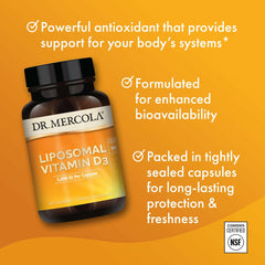 Bottle dispensing of Dr. Mercola Liposomal Vitamin D3 for daily use.