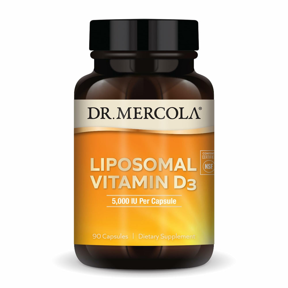Dr. Mercola Liposomal Vitamin D3 bottle label highlights 5,000 IU and clean ingredients.