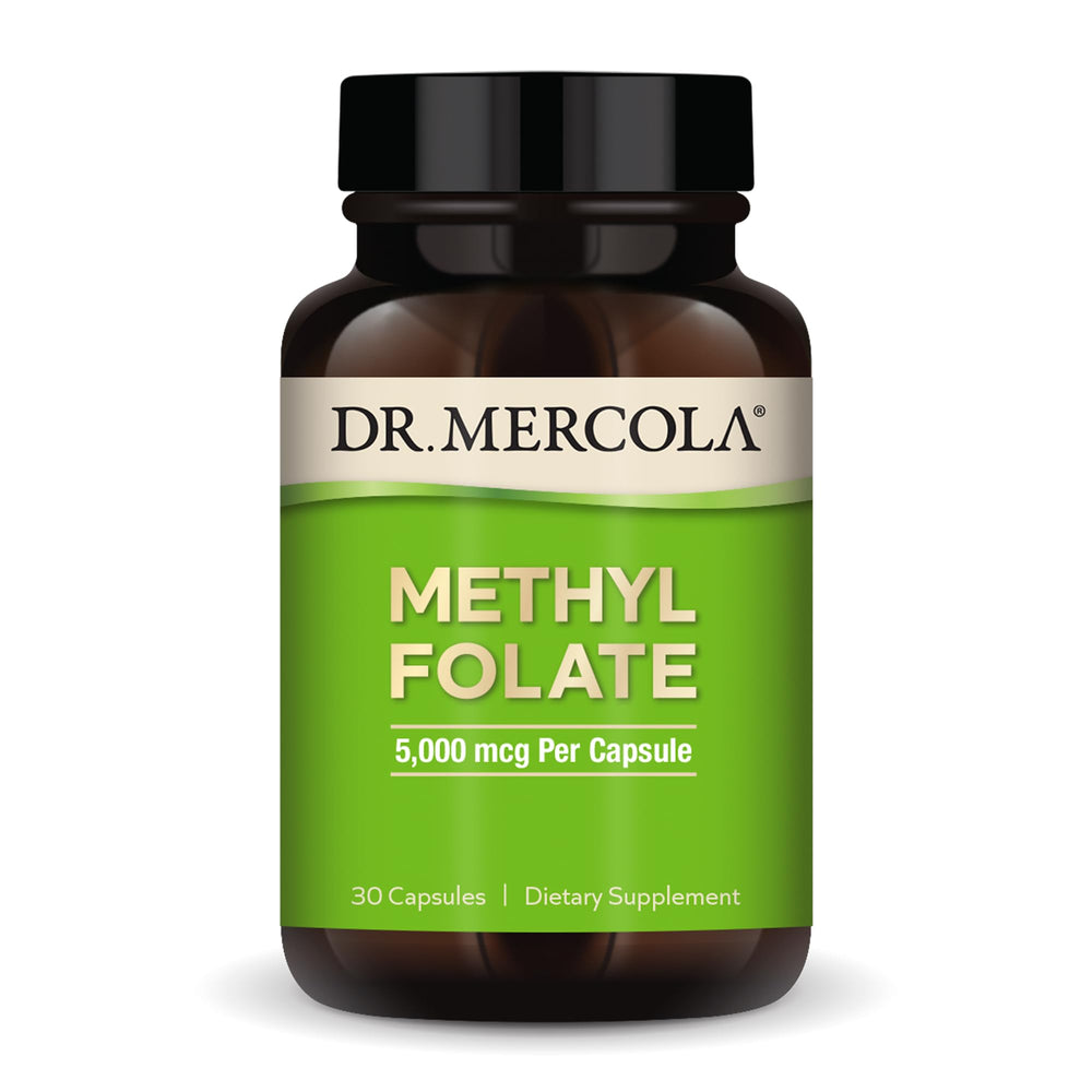 Dr. Mercola Methyl Folate bottle front view for daily cellular health support.