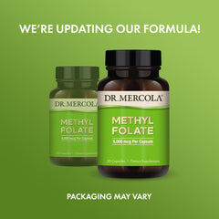 Dr. Mercola Methyl Folate capsules close-up highlighting bioavailable 5 mg MTHF for cellular health.