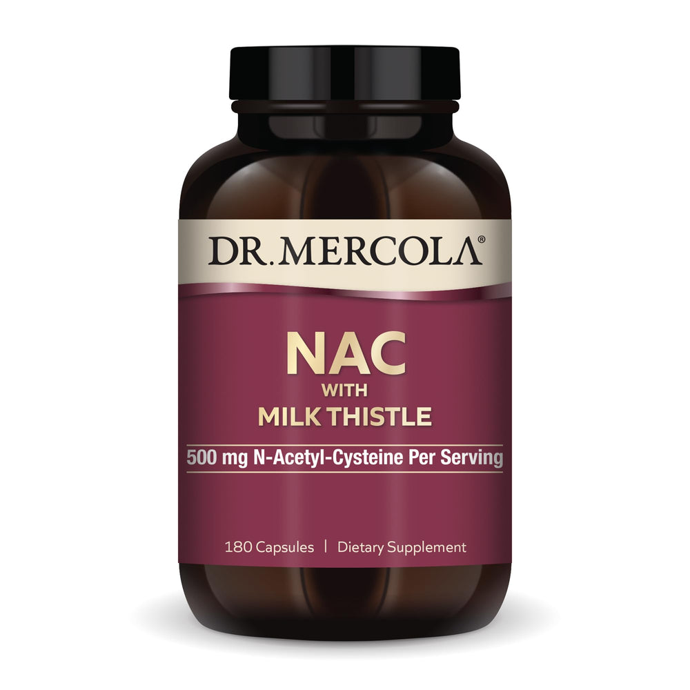 Dr. Mercola NAC with Milk Thistle packaging showing 90 servings for antioxidant support