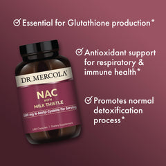 Dr. Mercola NAC with Milk Thistle ingredients panel showcasing Milk Thistle and broccoli sprouts for detox support
