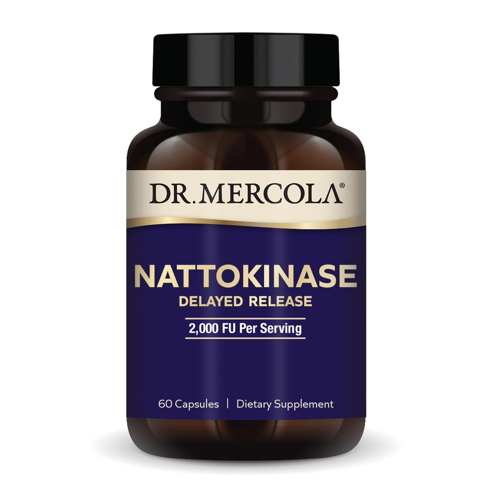 Dr. Mercola Nattokinase delayed-release bottle showing the product packaging and label.