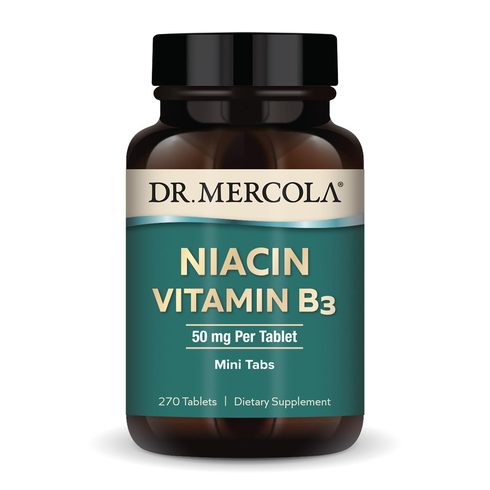 Dr. Mercola Niacin bottle front shows a flush-free daily wellness option.