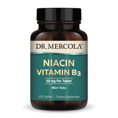 Dr. Mercola Niacin bottle front shows a flush-free daily wellness option.