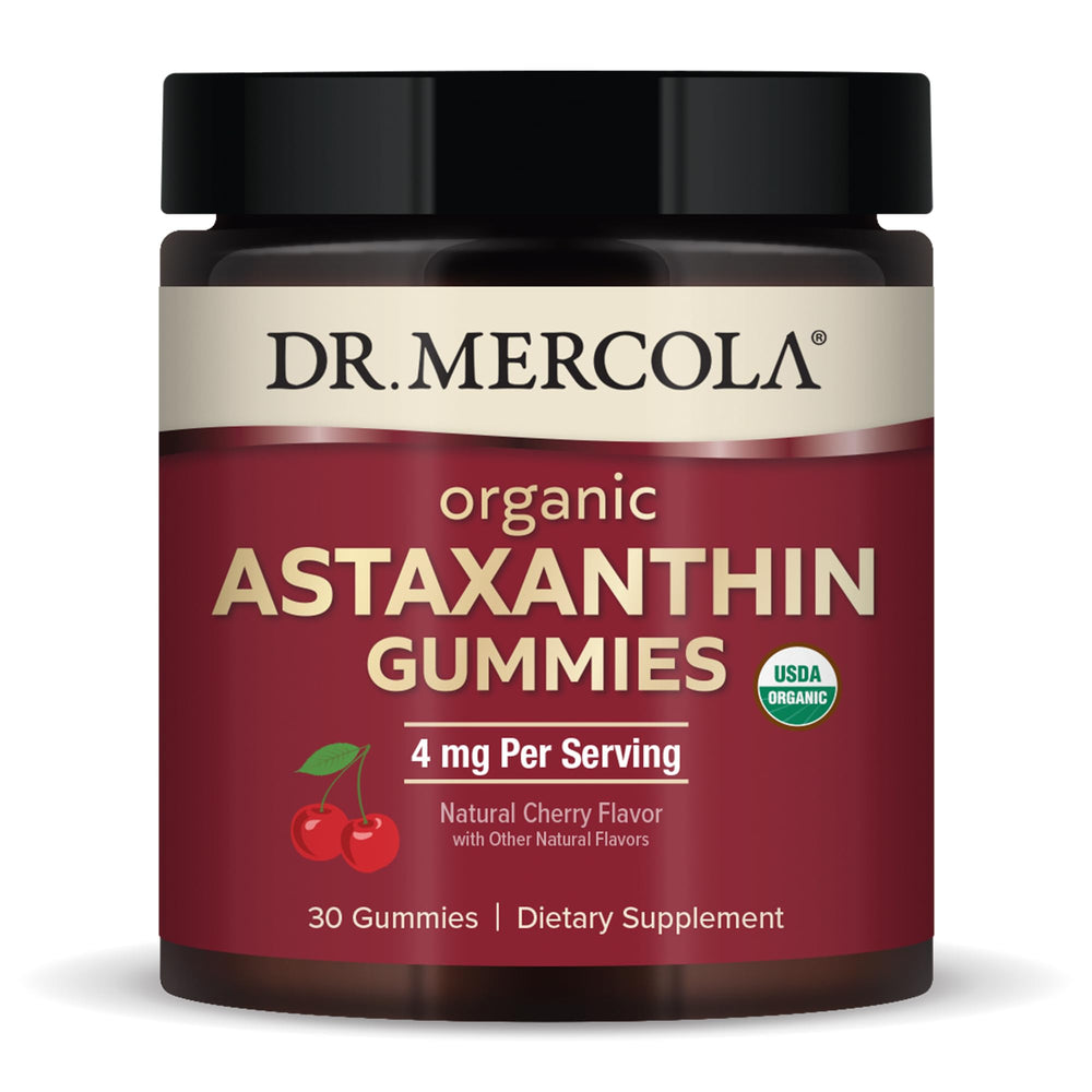Dr. Mercola Organic Astaxanthin Gummies bottle front label highlighting antioxidant support for immune and skin health.