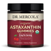 Dr. Mercola Organic Astaxanthin Gummies bottle front label highlighting antioxidant support for immune and skin health.