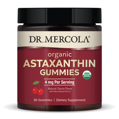 Dr. Mercola Organic Astaxanthin Gummies bottle front label highlighting antioxidant support for immune and skin health.