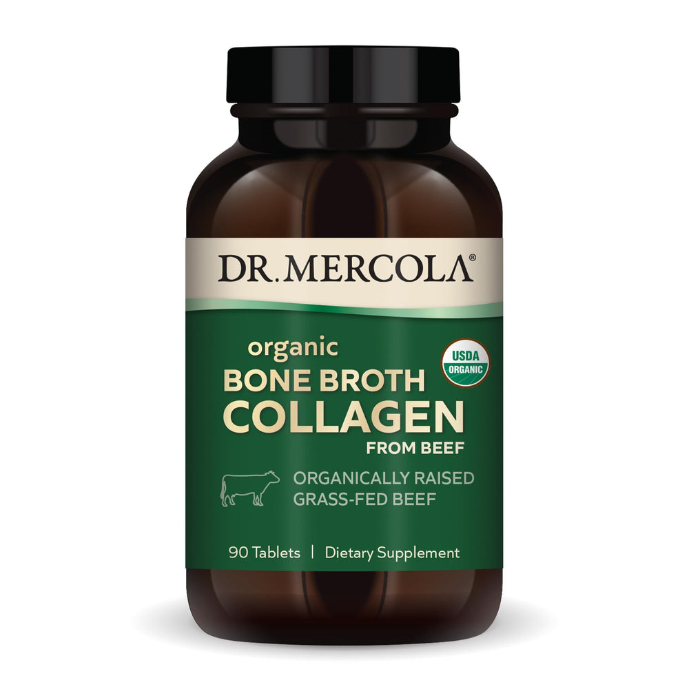 Dr. Mercola Organic Bone Broth Collagen tablets in bottle for daily convenience.