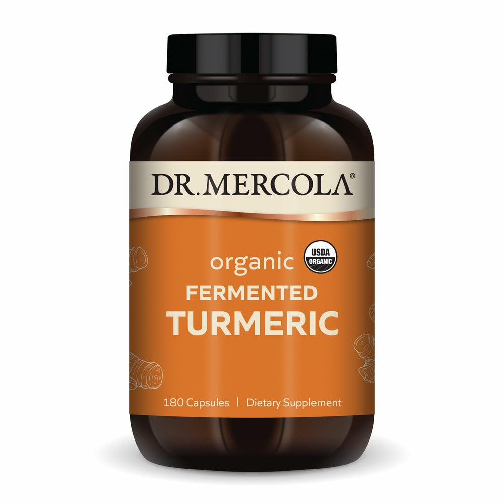 Dr. Mercola Organic Fermented Turmeric bottle showing 370 mg formula for daily wellness.