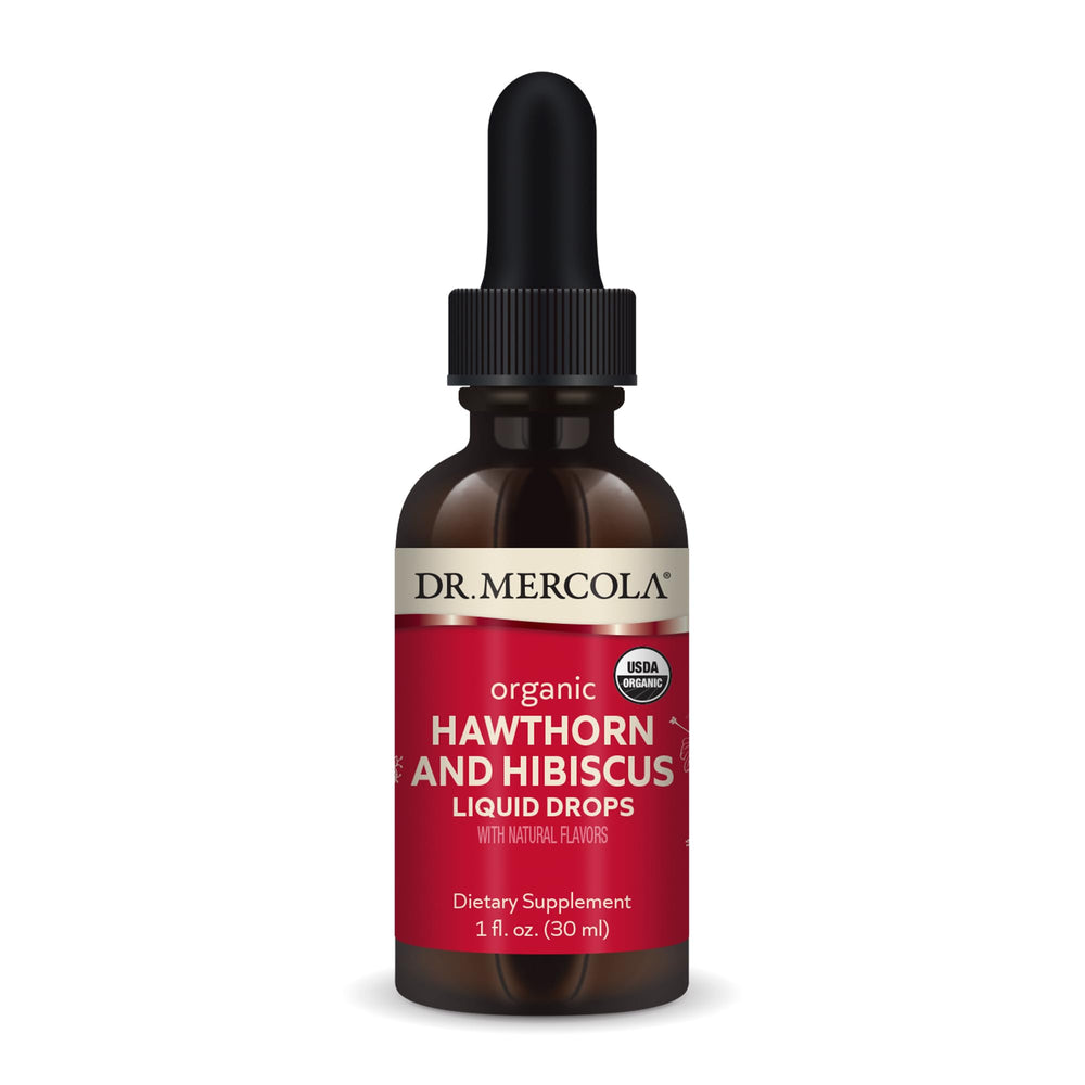 Dr. Mercola Hawthorn Hibiscus liquid drops bottle with clear label for daily use.
