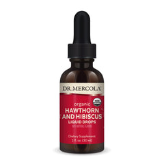 Dr. Mercola Hawthorn Hibiscus liquid drops bottle with clear label for daily use.