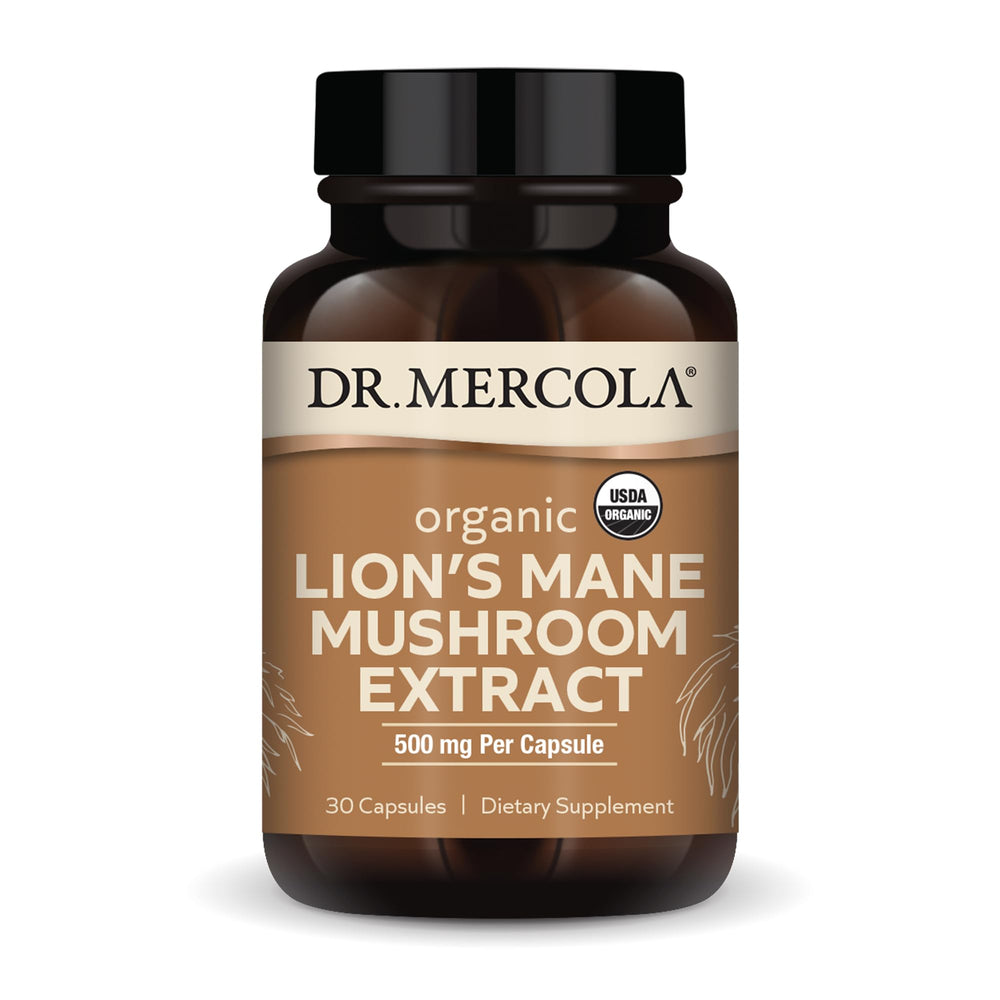 Dr. Mercola Lion's Mane bottle showing 500 mg capsules and beta-glucans for daily focus.