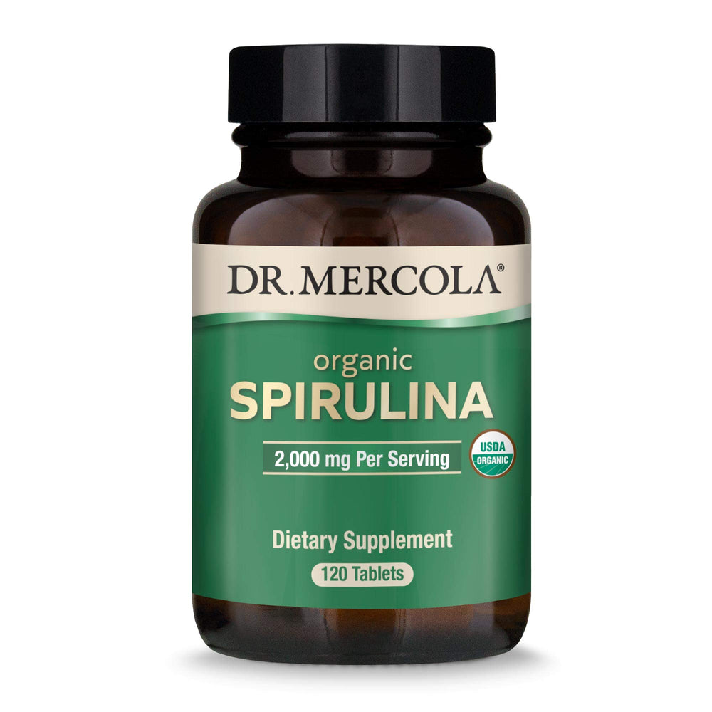 Dr. Mercola Organic Spirulina bottle with tablets for daily wellness.