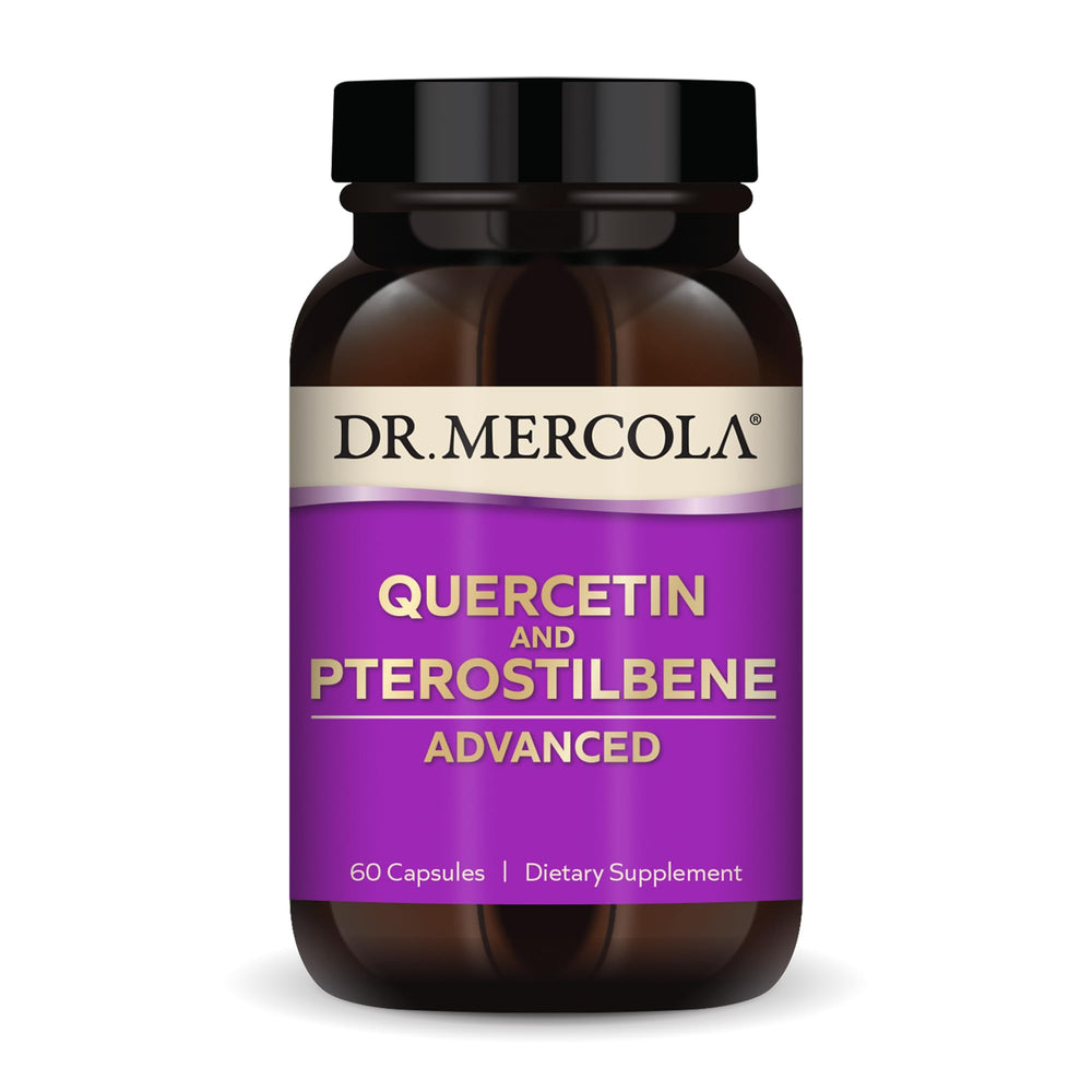 Dr. Mercola Quercetin & Pterostilbene Advanced bottle highlights high-bioavailability formula for daily immune support.