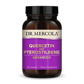 Dr. Mercola Quercetin & Pterostilbene Advanced bottle highlights high-bioavailability formula for daily immune support.