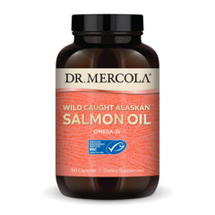 Dr. Mercola salmon oil bottle highlights sustainable sourcing and omega-3 content for daily wellness.