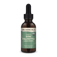 Dr Mercola Saw Palmetto Liquid Drops bottle showing organic formula for daily support