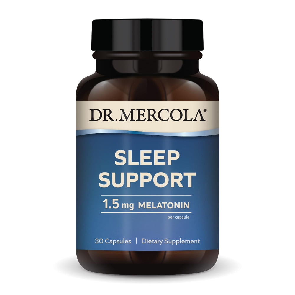 Dr. Mercola Sleep Support bottle front view for a calm night routine.