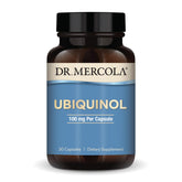 Dr. Mercola Ubiquinol 100 mg bottle close-up for antioxidant support and energy metabolism.