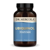 Dr Mercola Ubiquinol bottle showing 150 mg serving for energy support and antioxidant potential.