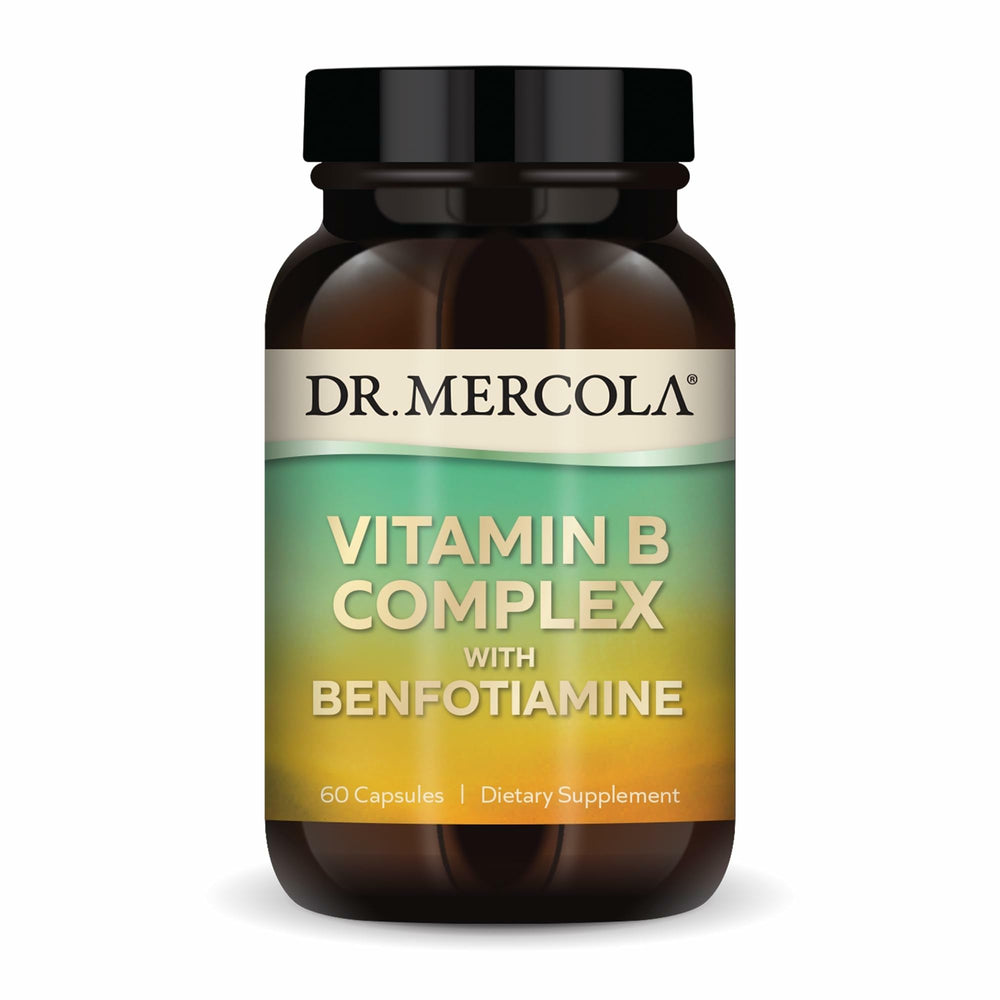 Dr. Mercola Vitamin B Complex bottle front showing label for daily energy support.