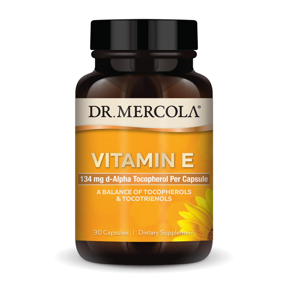 Dr. Mercola Vitamin E bottle with complete tocopherols and tocotrienols for antioxidant support.