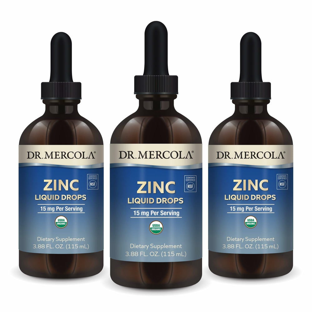 Dr. Mercola Zinc Liquid Drops bottle showing organic ingredients for immune support