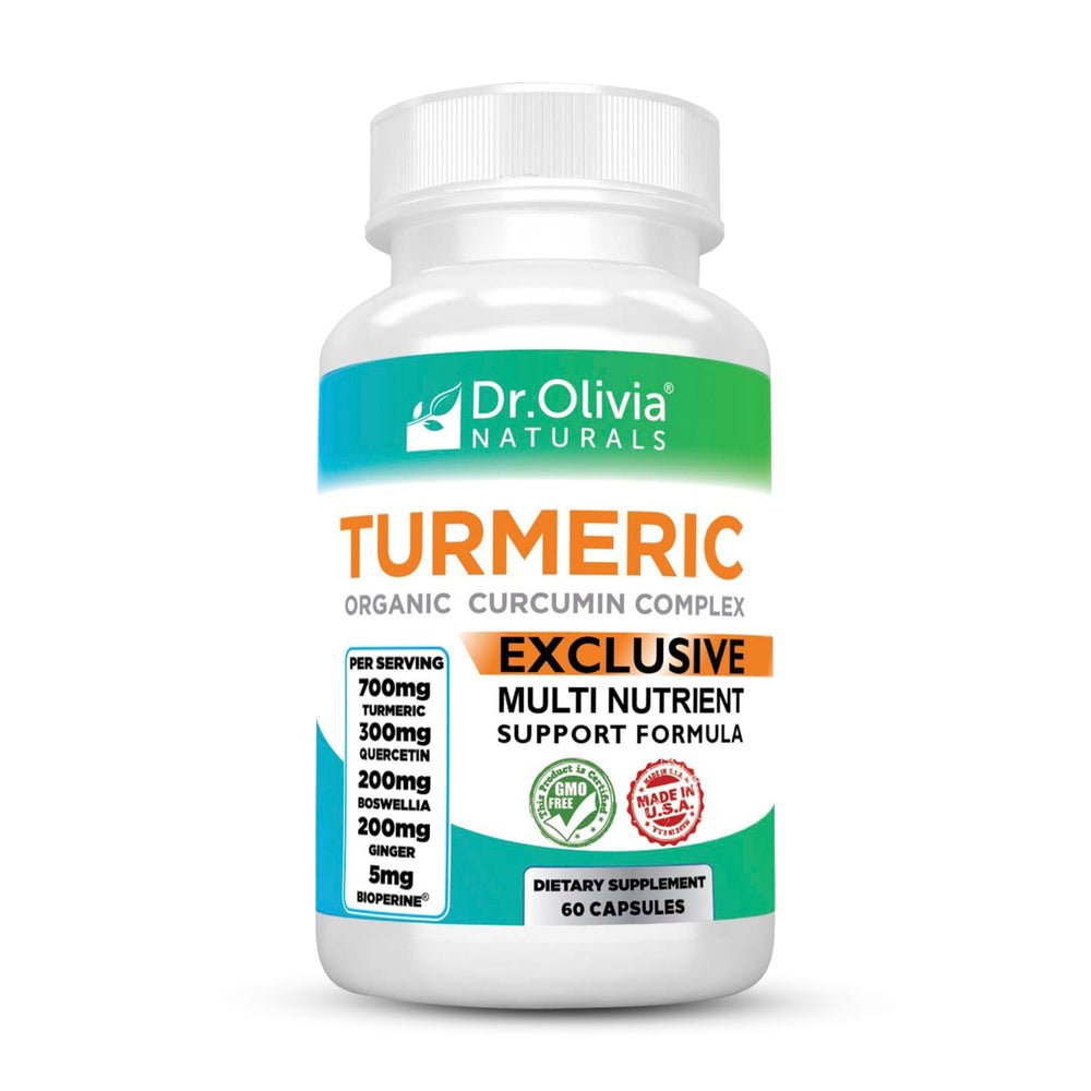 Dr. Olivia Naturals turmeric complex bottle front view for daily joint support
