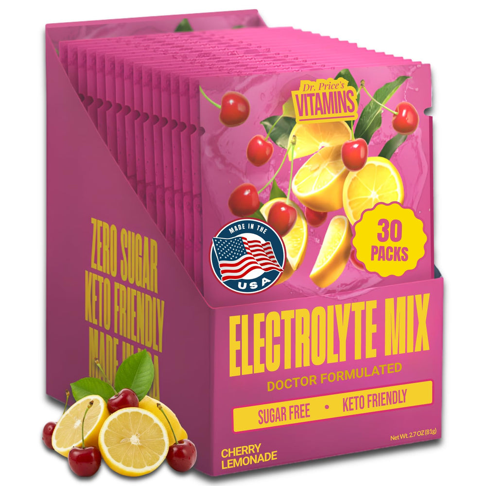 Dr Price's Electrolytes Cherry Lemonade packets ready for on-the-go hydration.