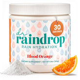 Dr Raindrop Electrolytes powder in tub, blood orange flavor, ideal for post-workout hydration.