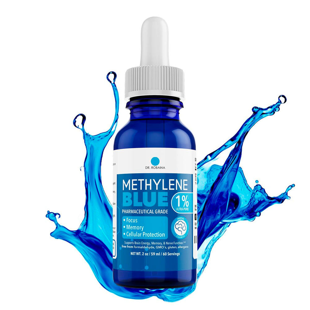 Dr. Robaina Methylene Blue bottle with label signaling focus support.