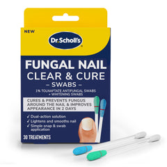 Dr Scholl's packaging shows clear and cure swabs kit for convenient home use.