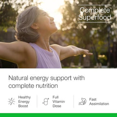 Dr. Schulze's SuperFood Plus close-up powder texture showing plant-based greens.