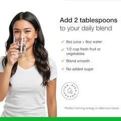 Dr. Schulze's SuperFood Plus mixed into smoothie for convenient plant-based nutrition.
