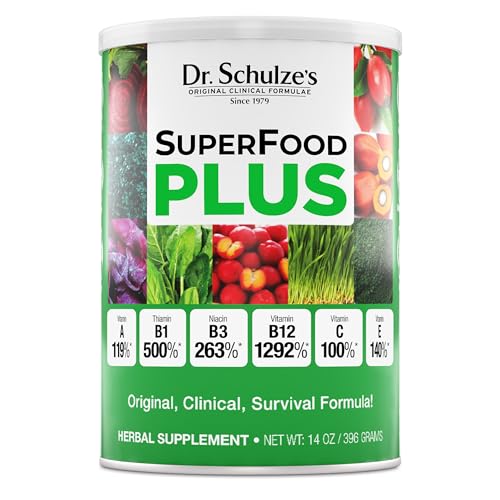 Dr. Schulze's SuperFood Plus tub front label; vegan, gluten-free daily nutrition support.