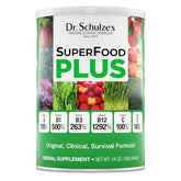 Dr. Schulze's SuperFood Plus tub front label; vegan, gluten-free daily nutrition support.