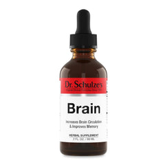 Dr. Schulze's Brain Formula bottle front shows vegan brain support for focus