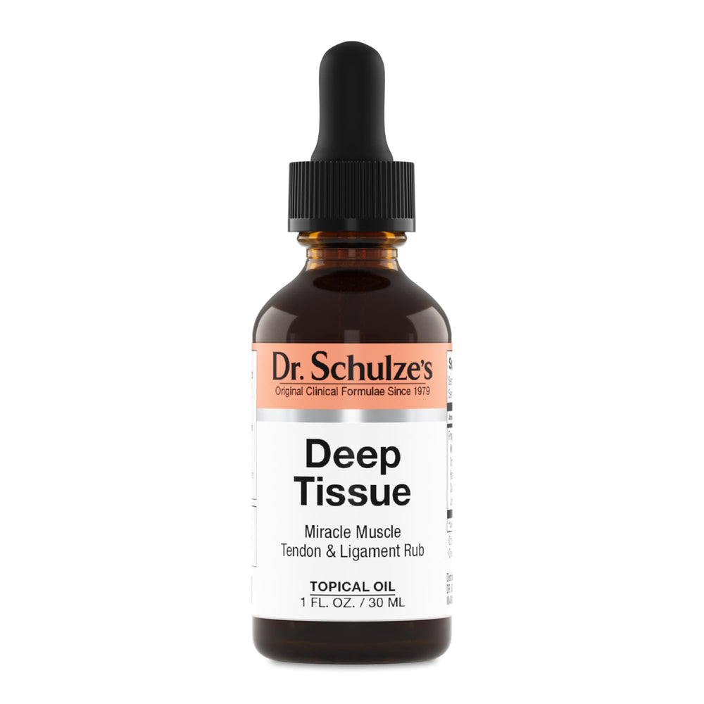Dr. Schulze's Deep Tissue Oil bottle being applied to a shoulder for deep relief.