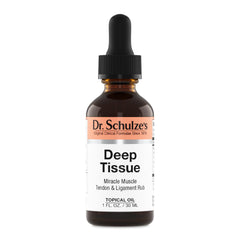 Dr. Schulze's Deep Tissue Oil bottle being applied to a shoulder for deep relief.