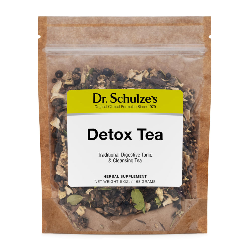 Dr. Schulze's Detox Tea pack showing the all-purpose herbal formula for digestion support