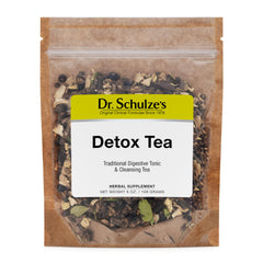 Dr. Schulze's Detox Tea pack showing the all-purpose herbal formula for digestion support
