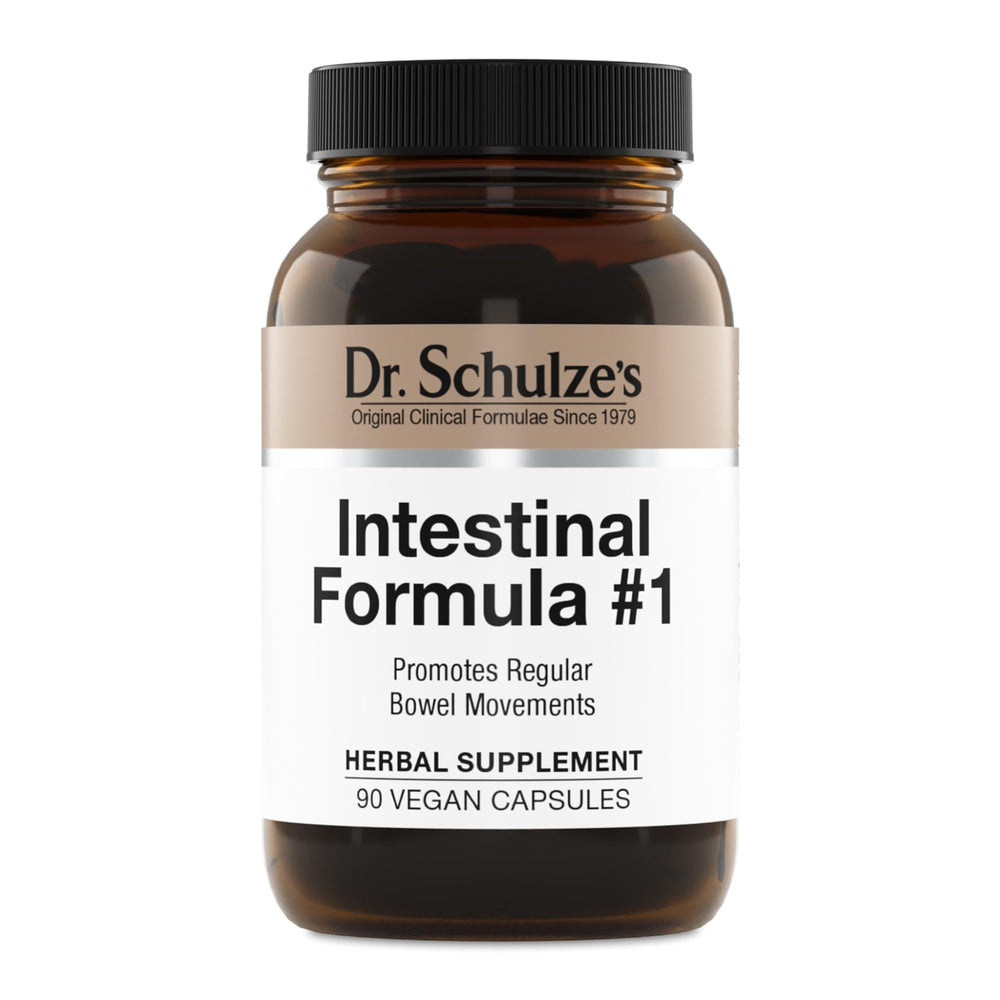 Dr. Schulze's Intestinal Formula 1 bottle front view for vegan bowel support.