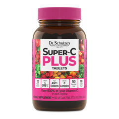Dr. Schulze's Super-C Plus bottle front view highlighting immune-support appeal.