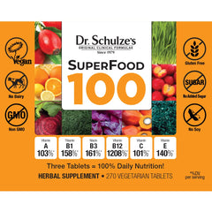 Dr. Schulze's SuperFood 100 glass with green juice for convenient energy.