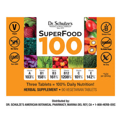 Dr. Schulze's SuperFood 100 greens blend label highlighting natural nutrition