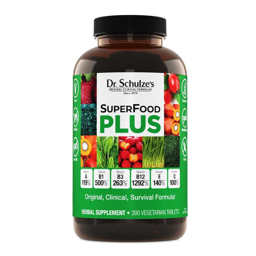 Dr. Schulze's SuperFood Plus bottle front highlighting gluten-free daily nutrition