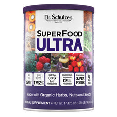 Dr. Schulze's SuperFood Ultra bottle front highlights organic nutrition for daily energy.