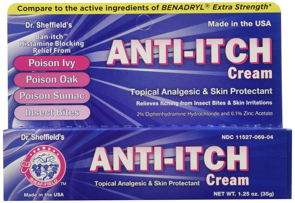 Dr. Sheffield Anti-Itch Cream tube front for quick bite relief.