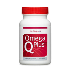 Dr. Sinatra Omega Q Plus bottle showing heart-healthy omega-3 and CoQ10 support.